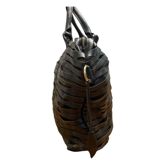 Charles Jourdan Black Leather Laser Cut Satchel Tote Handbag Purse - Picture 3 of 14